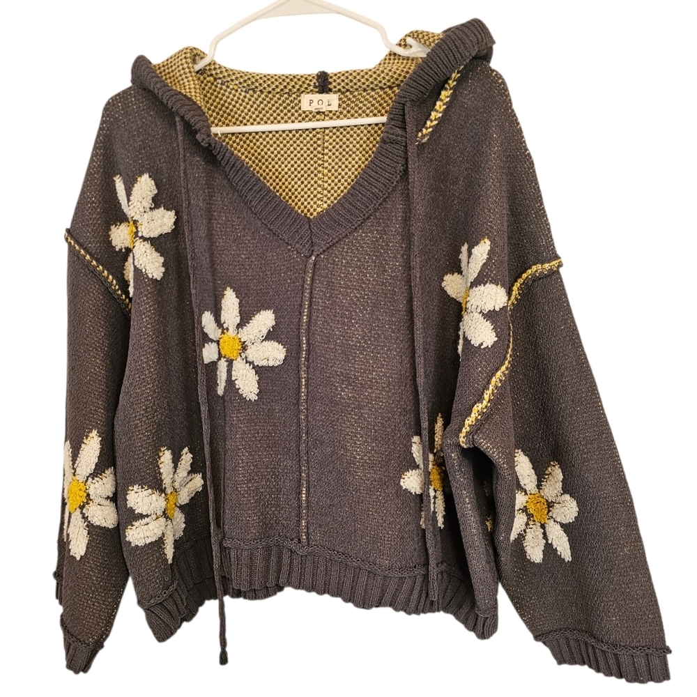 POL Daisy Floral Knit Berber Hooded Sweater Oversized